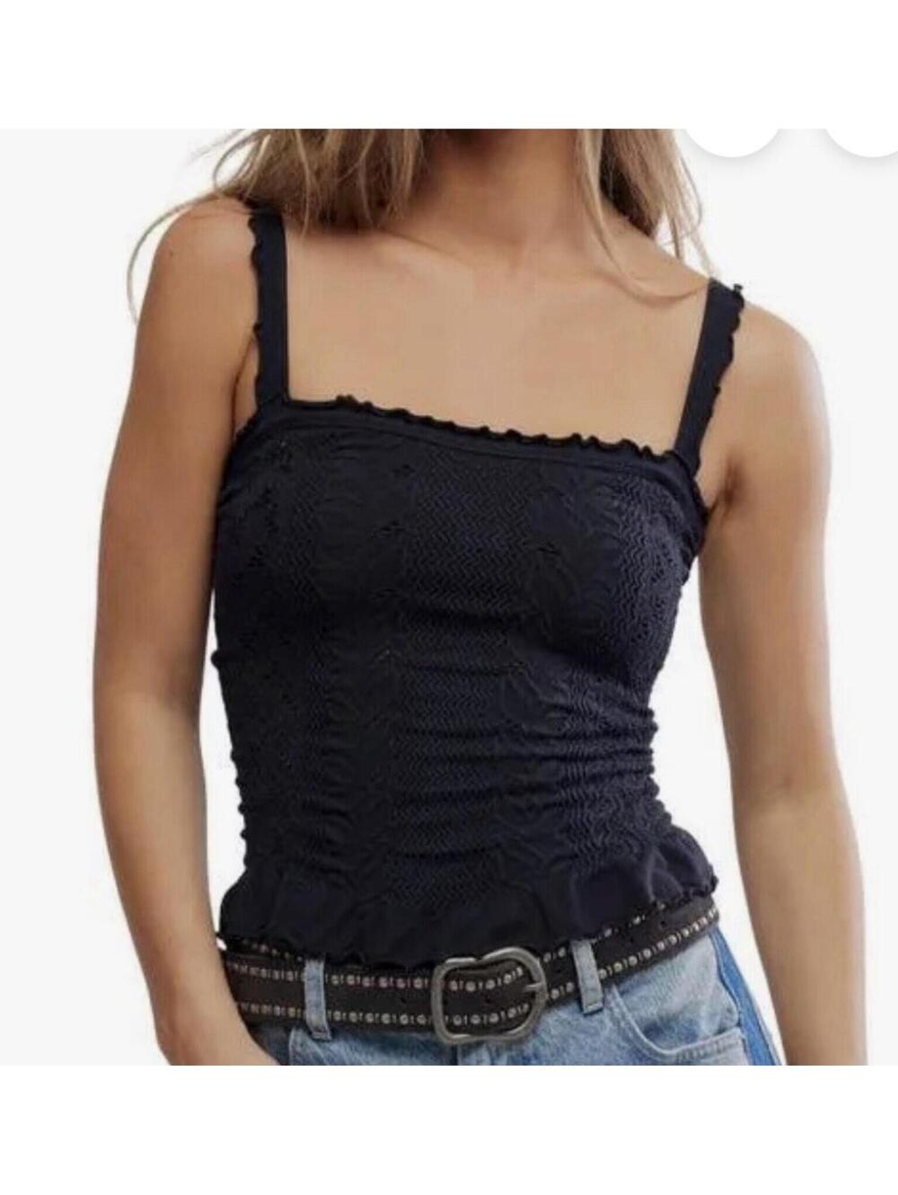 Nwt Free people BLACK So Soft Frill Square Neck Tank Sz XS / S NEW